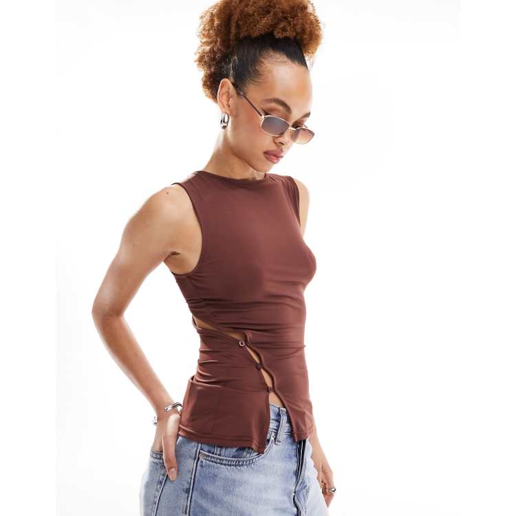 Lioness asymmetric button detail drape shoulder top in brown