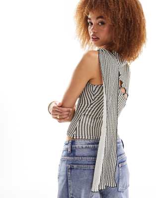 Lioness Asymmetric Button Detail Drape Shoulder Top In Gray Stripe-multi