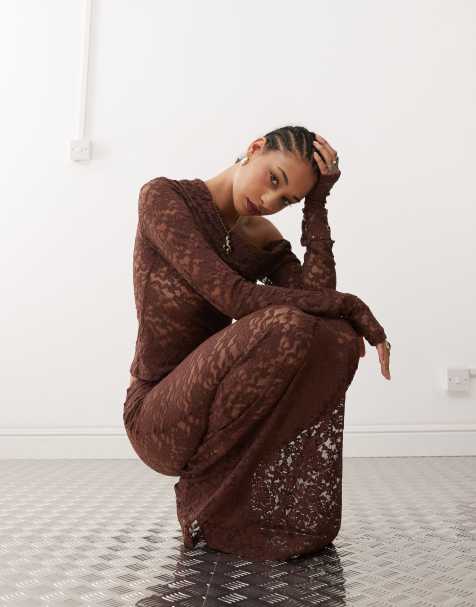 Lioness asymmetric lace top co-ord in chocolate brown - view 1