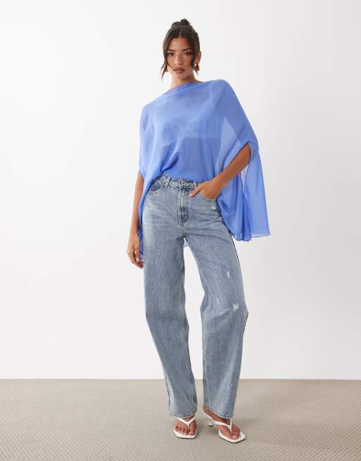 Lioness Aura chiffon boat neck cape sleeve poncho top in sky blue, 2 of 4