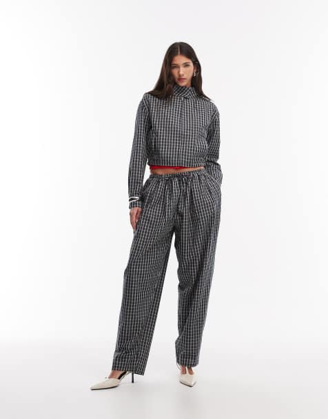 Lioness Aura funnel neck cropped jacket and wide leg trousers co-ord in navy lemon plaid - view 1
