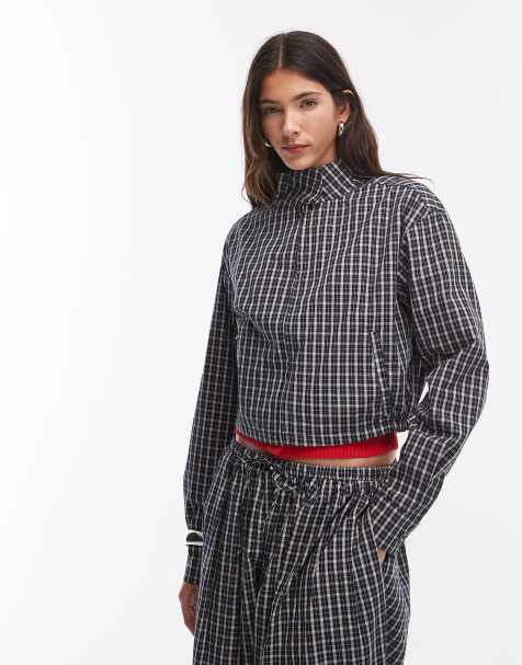 Lioness Aura funnel neck cropped jacket co-ord in navy lemon plaid - view 1