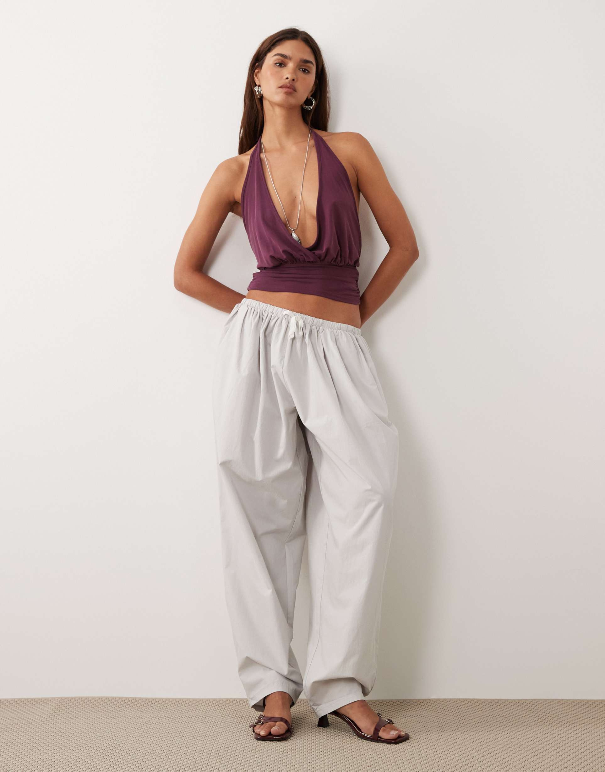 lioness aura pure cotton tie waist wide leg balloon pants in ash gray