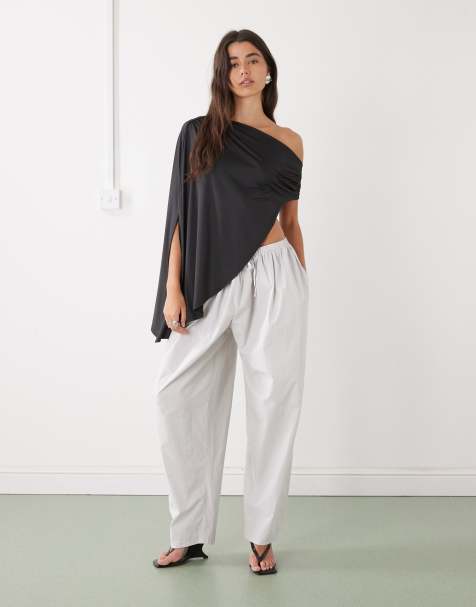 Lioness Aura pure cotton tie waist wide leg balloon pants in ash grey - view 1