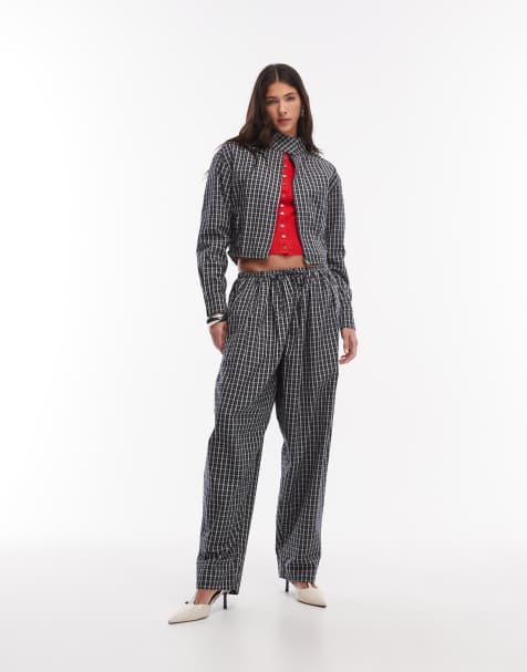 Lioness Aura tie waist wide leg trousers co-ord in navy lemon plaid - view 1