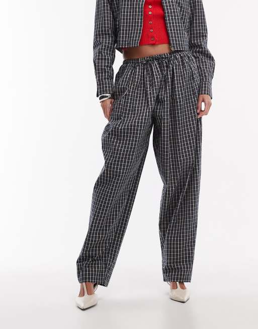 Lioness Aura tie waist wide leg trousers co-ord in navy lemon plaid, 2 of 5