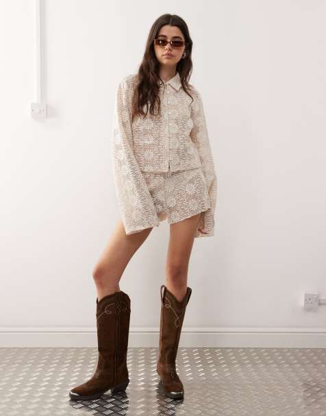 Lioness Babydoll floral cotton crochet bell sleeve button through shirt in cream (part of a set) - view 1