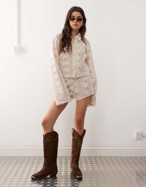 Lioness Babydoll floral cotton crochet bell sleeve button through shirt in cream (part of a set)