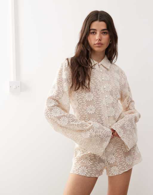 Lioness Babydoll floral cotton crochet bell sleeve button through shirt in cream - part of a set