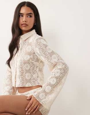 Lioness Babydoll Floral Cotton Crochet Bell Sleeve Button Through Shirt In Neutral
