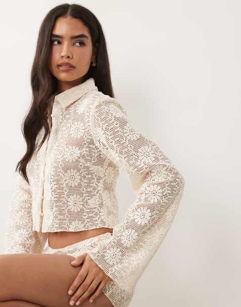 Lioness Babydoll floral cotton crochet bell sleeve button through shirt in cream - part of a set - view 1