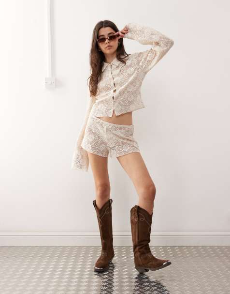 Lioness Babydoll floral cotton crochet low rise shorts co-ord in cream - view 1
