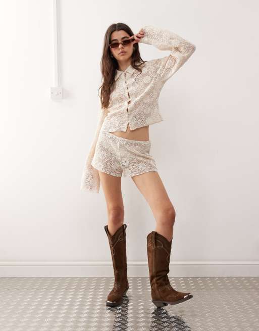 Lioness Babydoll floral cotton crochet low rise shorts in cream (part of a set)