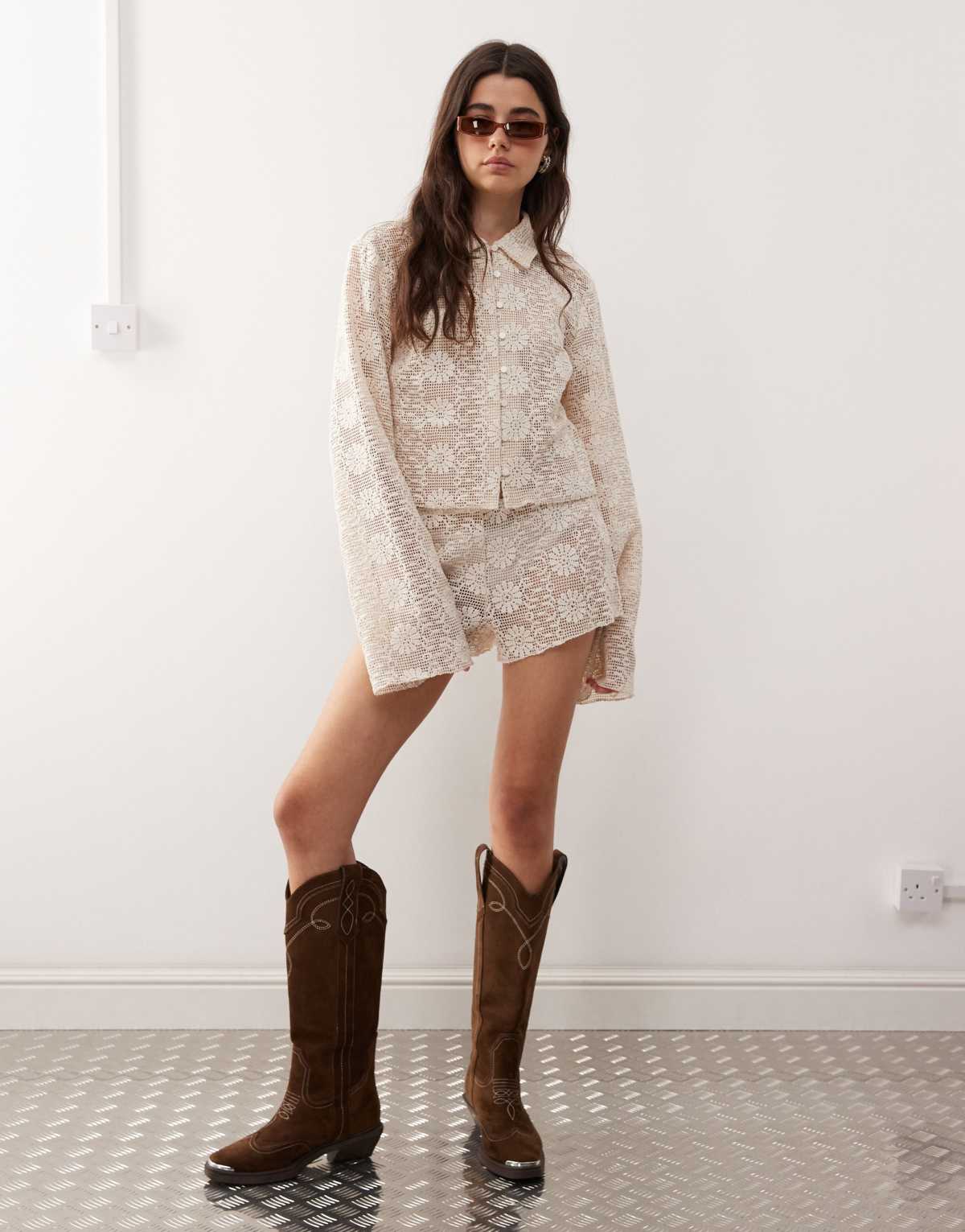 Lioness Babydoll floral crochet bell sleeve button through shirt co-ord in cream