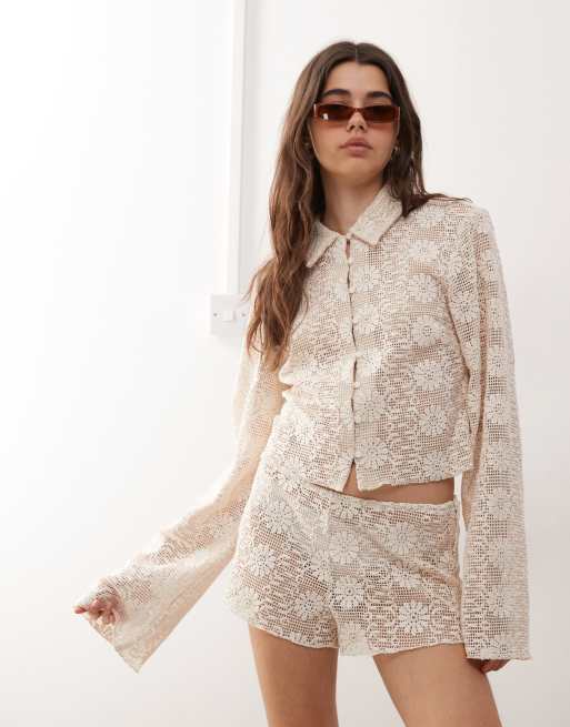 Lioness Babydoll floral crochet low rise shorts in cream - part of a set