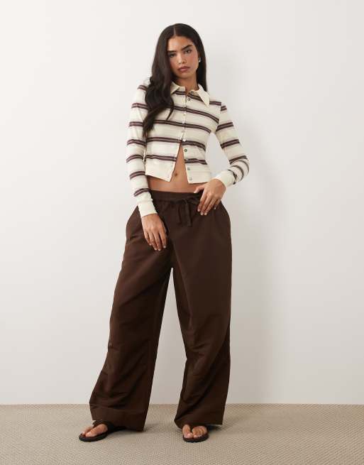 Lioness Bada Bing cotton button through collar detail top in brown stripe, 2 of 4