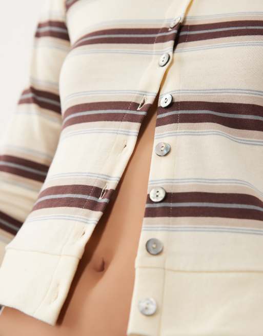 Lioness Bada Bing cotton button through collar detail top in brown stripe, 4 of 4