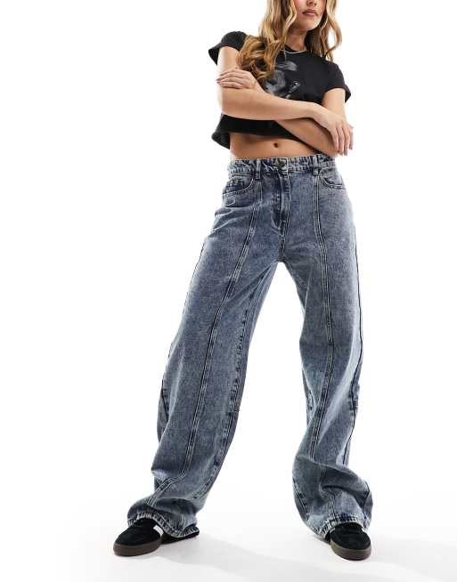 Lioness - Baggy jeans met lage taille en siernaden in blauw met donkere acid wash