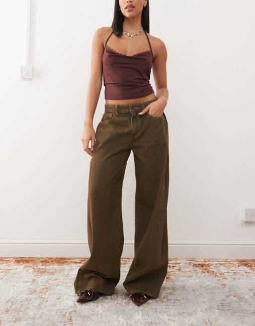 Lioness - Baggy jeans met lage taille in bruin met benzinewassing