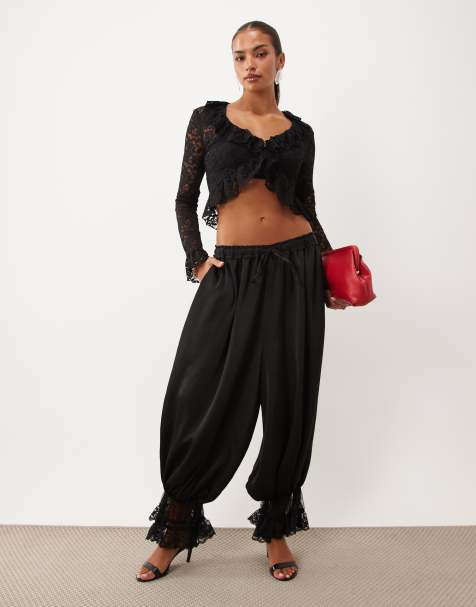 Lioness balloon pant with lace hem co-ord in black - view 1