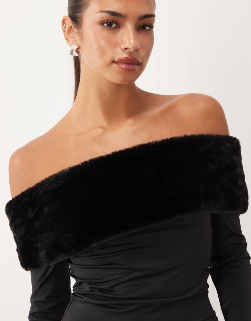 Lioness bardot long sleeve top with faux fur trim in black, 3 of 4