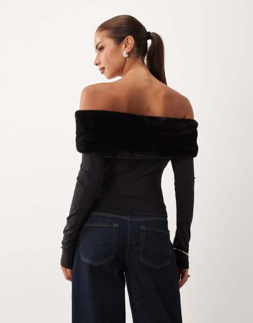 Lioness bardot long sleeve top with faux fur trim in black, 4 of 4
