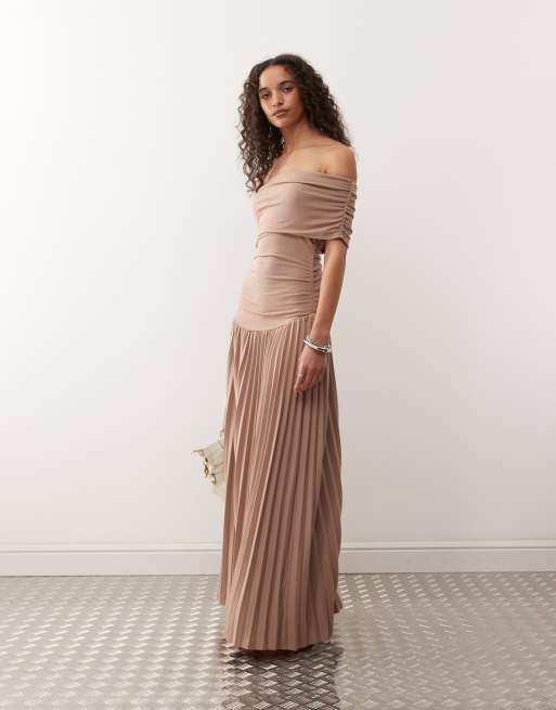 Lioness bardot ruched waist pleated drop hem maxi dress in mocha