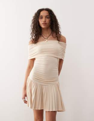 Lioness Bardot Ruched Waist Pleated Drop Hem Mini Dress In Neutral