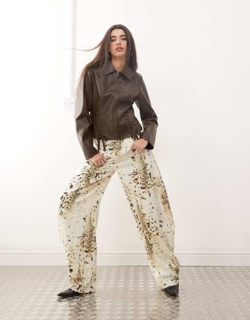 Lioness barrel leg jeans in ecru snow leopard print