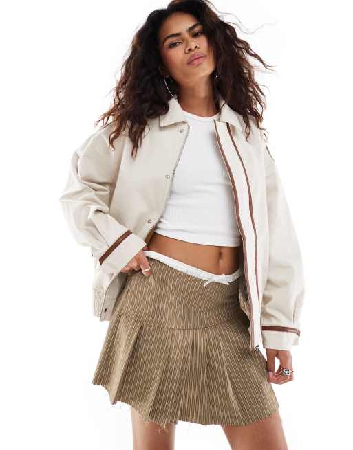 Lioness - Beige bomber-jakke med kravedetalje og kant i læderlook