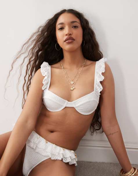 Lioness - Bikini en broderie anglaise avec armatures et bretelles volantées - Blanc - view 1