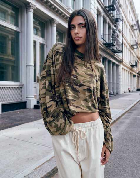 Lioness Bloom blend long sleeve crew neck boxy t-shirt in camo print - view 1