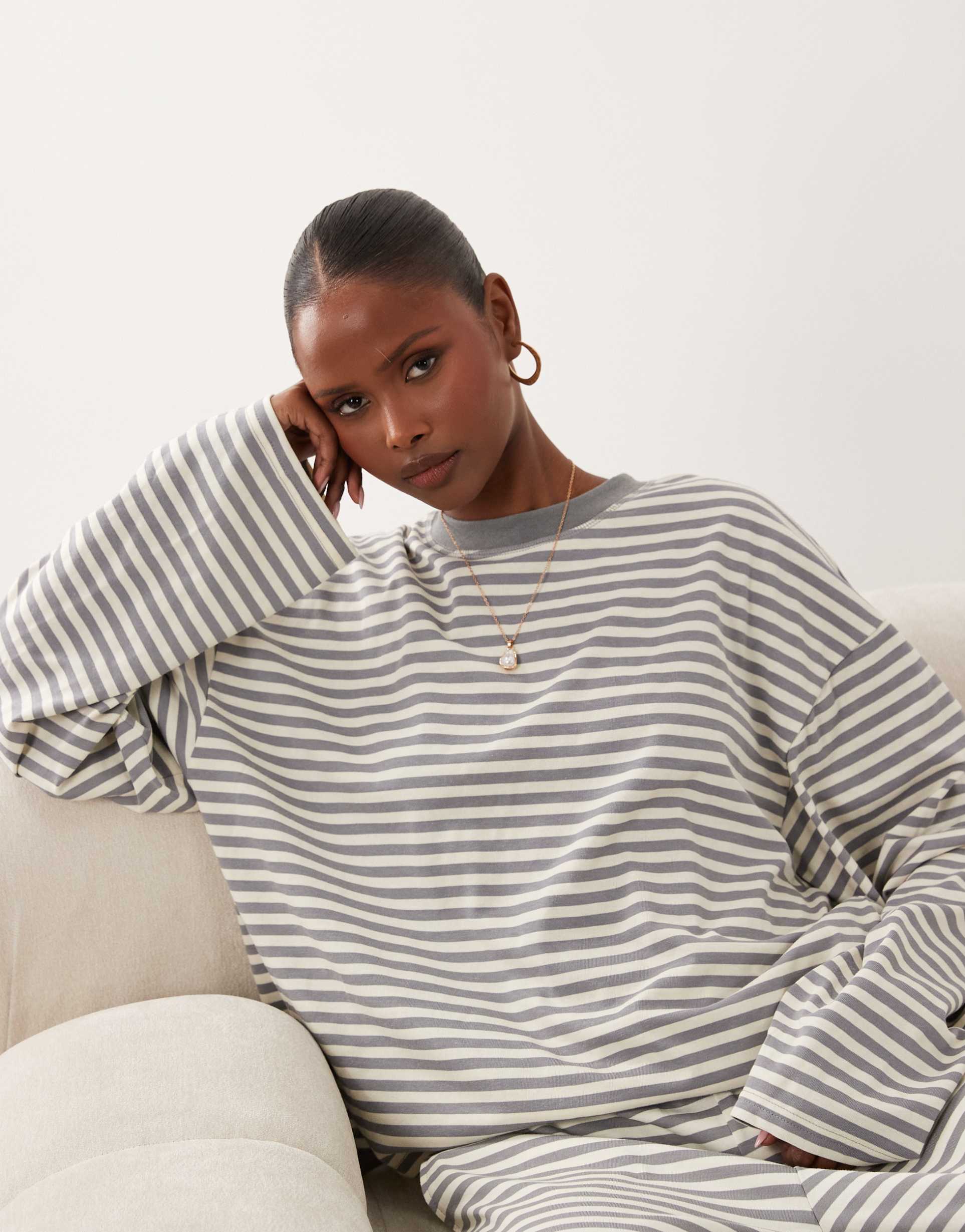 lioness bloom cotton blend long sleeve crew neck boxy t-shirt in ash stripe - part of a set