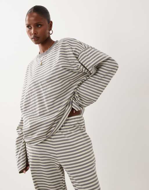 Lioness Bloom cotton blend long sleeve crew neck boxy t-shirt in ash stripe (part of a set), 3 of 4
