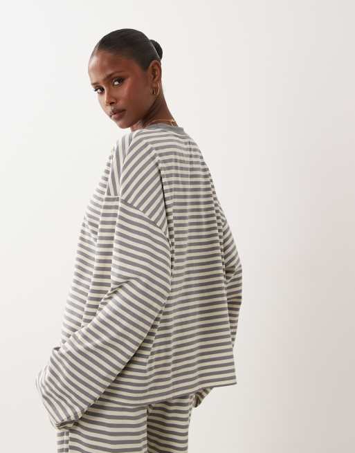 Lioness Bloom cotton blend long sleeve crew neck boxy t-shirt in ash stripe (part of a set), 4 of 4