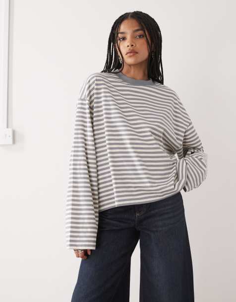 Lioness Bloom cotton blend long sleeve crew neck boxy t-shirt in ash stripe - view 1