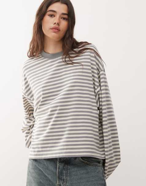 Lioness Bloom cotton blend long sleeve crew neck boxy t-shirt in ash stripe - view 1