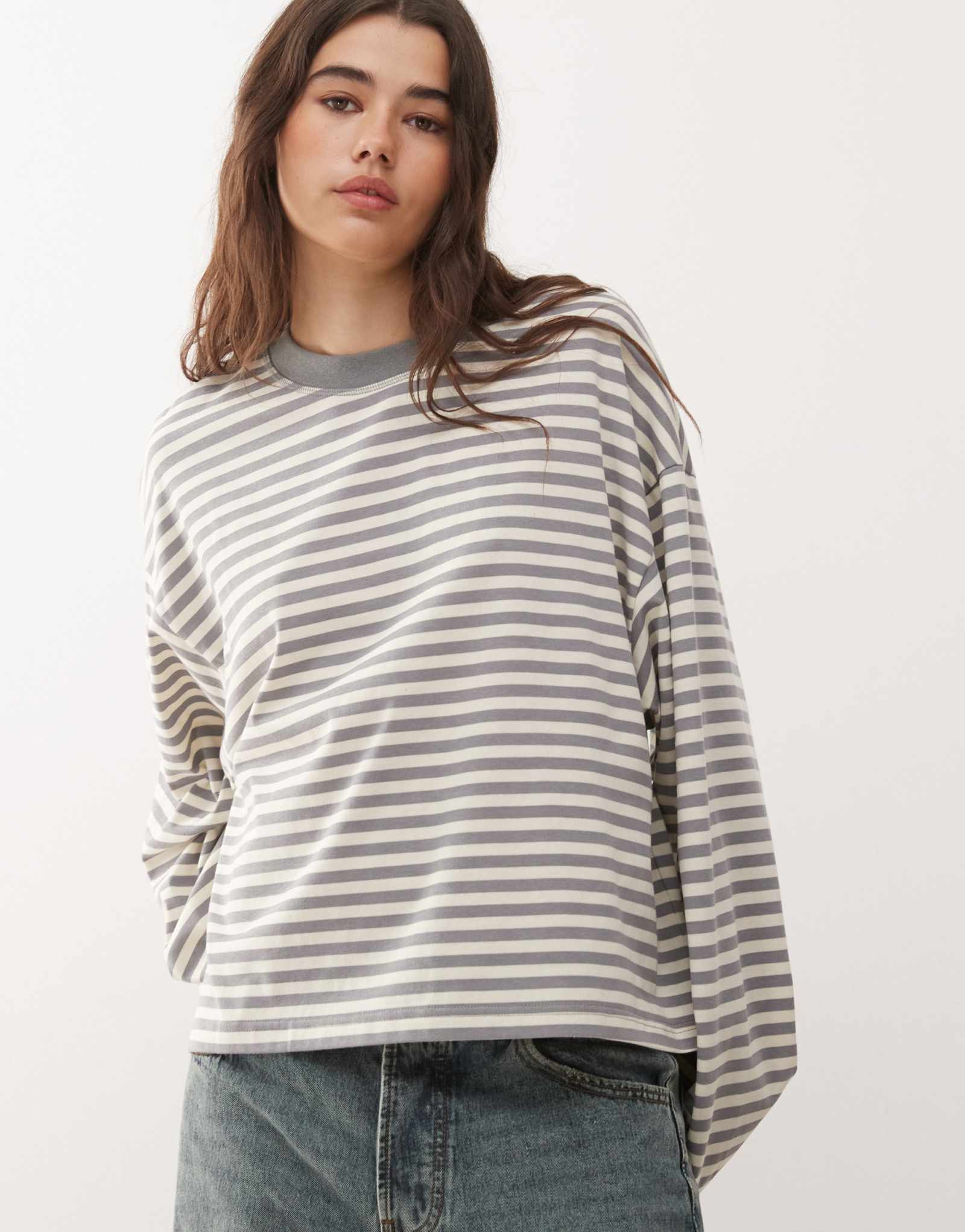 Облегающая футболка из хлопковой смеси Lioness Bloom с длинным рукавом и круглым вырезом в пепельную полоску