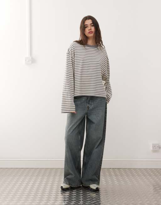 Lioness Bloom cotton blend long sleeve crew neck boxy T-shirt in ash stripe