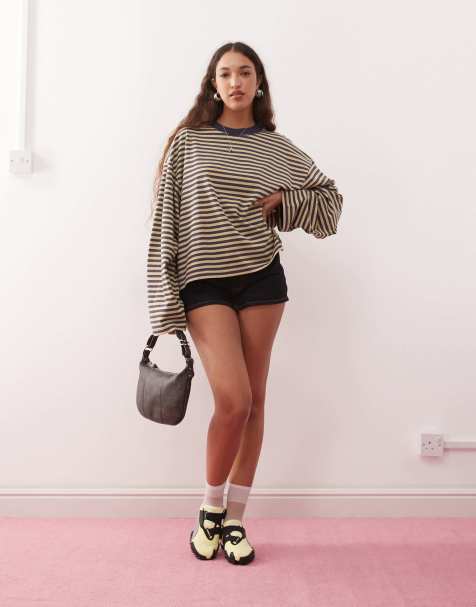 Lioness Bloom cotton blend long sleeve crew neck boxy t-shirt in beige & navy stripe - view 1