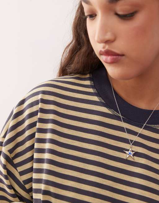 Lioness Bloom long sleeve crew neck boxy T-shirt in beige & navy stripe