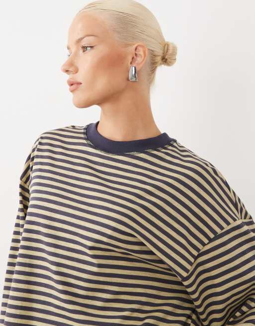 Lioness Bloom cotton blend long sleeve crew neck boxy t-shirt in beige & navy stripe  , 3 of 4