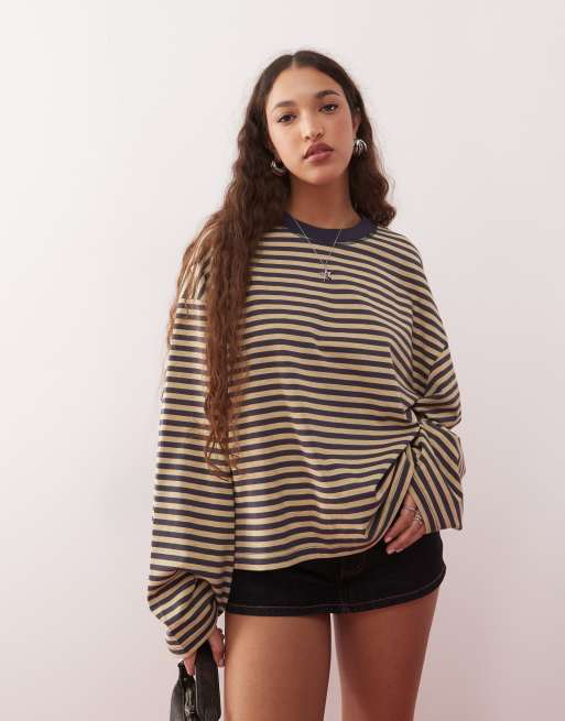 Lioness Bloom long sleeve crew neck boxy T-shirt in beige & navy stripe
