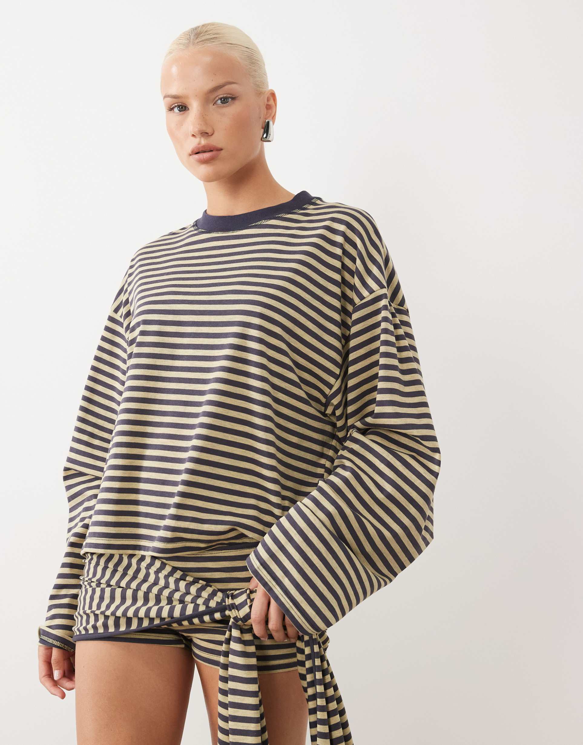 lioness bloom cotton blend long sleeve crew neck boxy t-shirt in beige & navy stripes