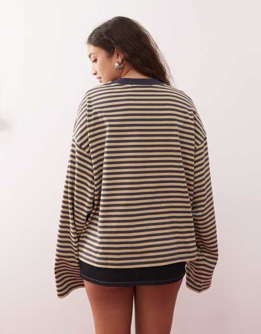 Lioness Bloom long sleeve crew neck boxy T-shirt in beige & navy stripe