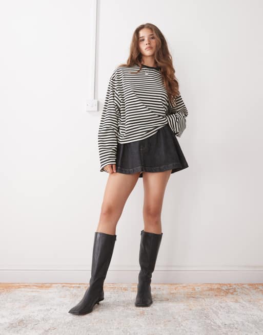 Lioness Bloom cotton-blend long sleeve crew neck boxy t-shirt in black & white stripe  , 2 of 4