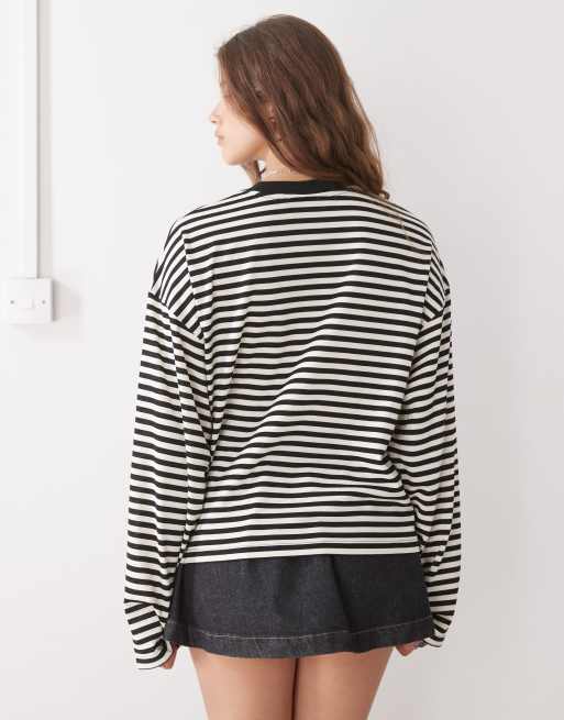Lioness Bloom cotton-blend long sleeve crew neck boxy t-shirt in black & white stripe  , 4 of 4