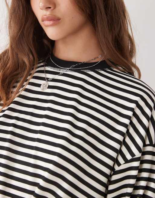 Lioness Bloom cotton blend long sleeve crew neck boxy t-shirt in black & white stripes  , 3 of 4