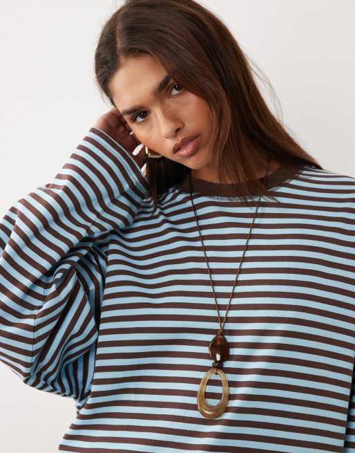 Lioness Bloom cotton blend long sleeve crew neck boxy t-shirt in blue and brown stripe  , 2 of 4