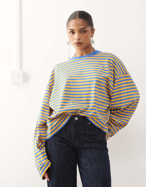 Lioness Bloom cotton blend long sleeve crew neck boxy t-shirt in blue and yellow stripe